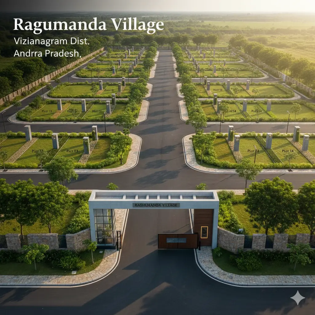 Premium open plots in Raghumanda Village Vizianagaram Andhra Pradesh with blacktop roads, greenery, and gated community and VMRDA and RERA Approved layout.