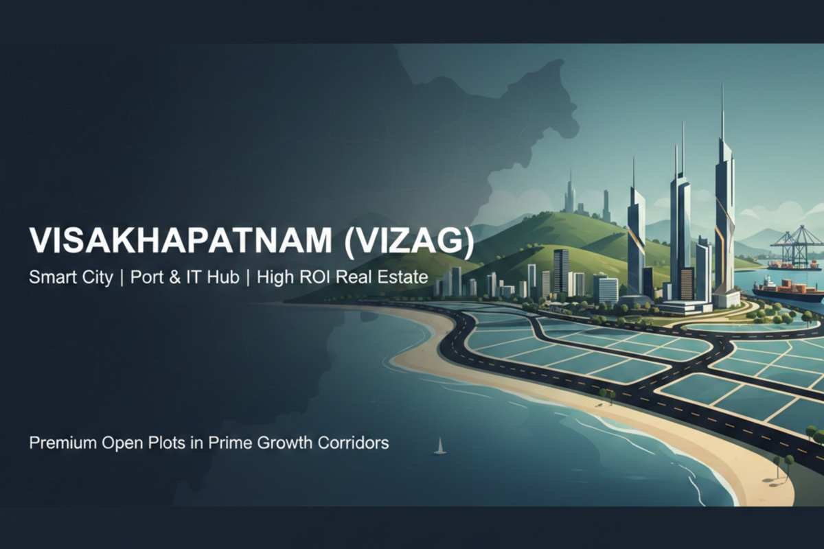 Home Vizag smart city skyline with coastal open plots and black-top internal roads for real estate investment