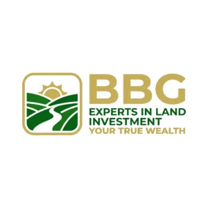 BBG logo representing experts in land investment offering open plots for sale with green landscape and sunrise design