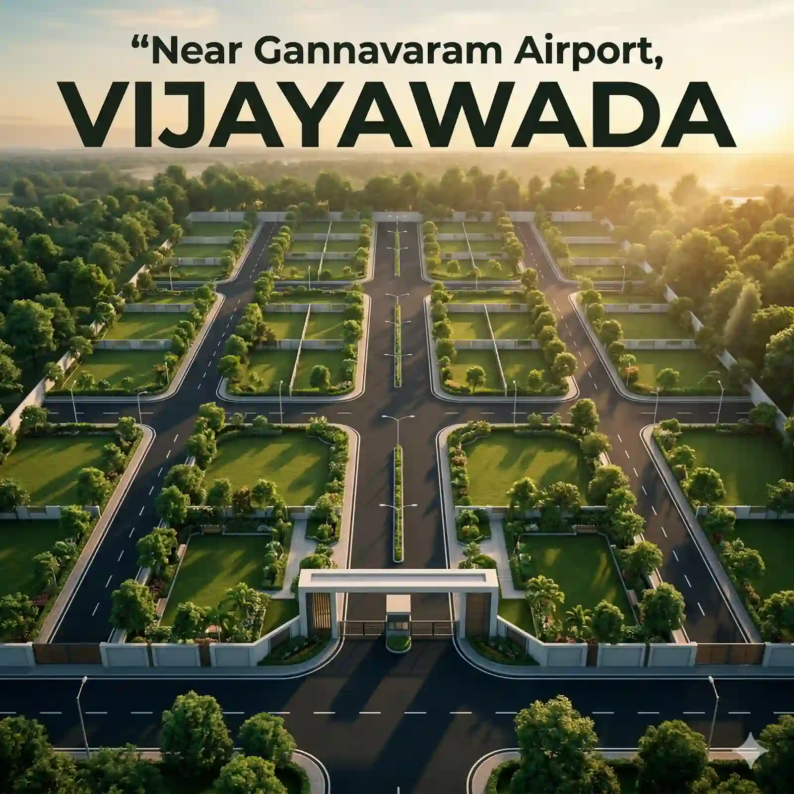 Premium open plots near Gannavaram Airport Vijayawada with gated community layout, greenery, and wide blacktop roads