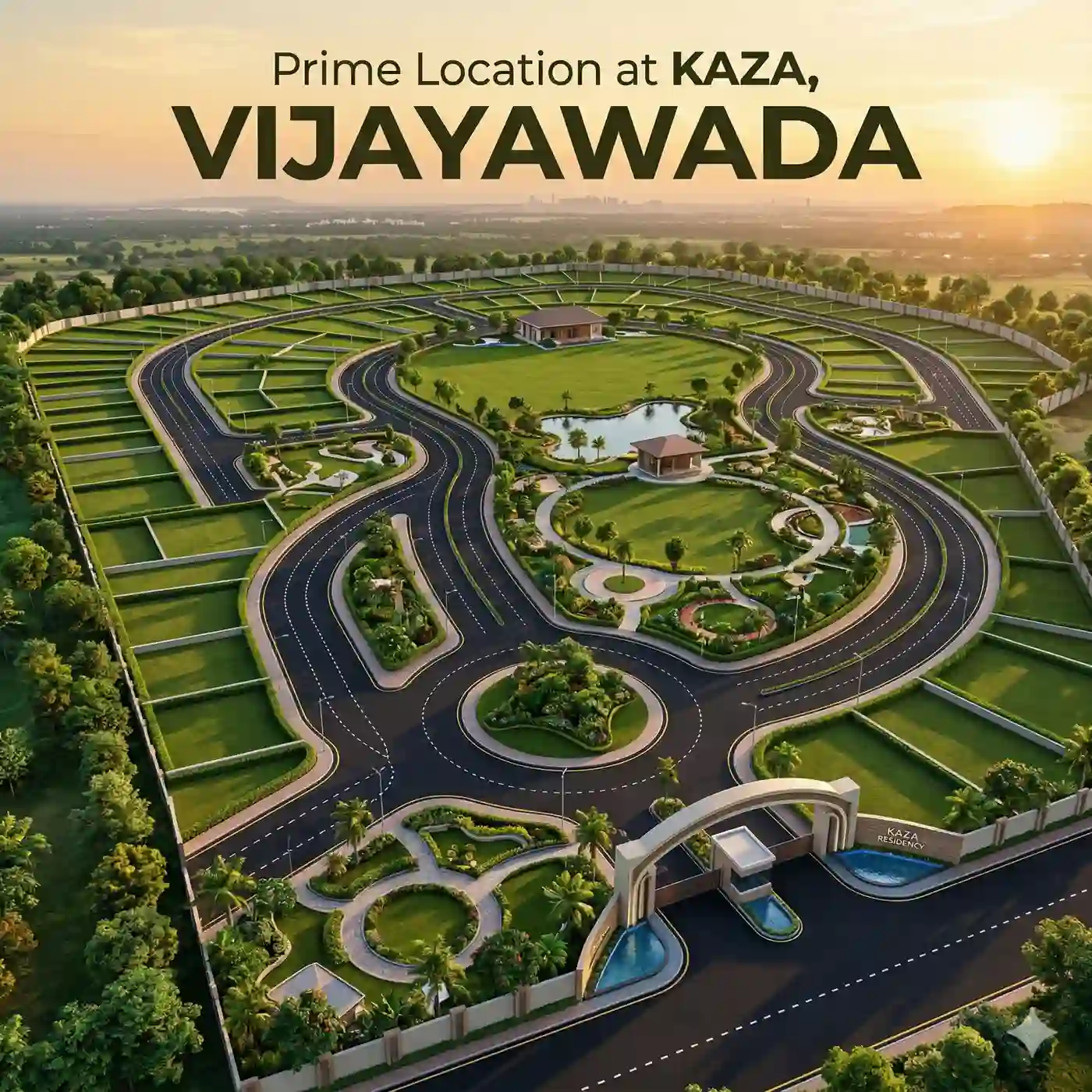 Premium open plots in Kaza Vijayawada with landscaped layout, curved roads, gated community, and greenery