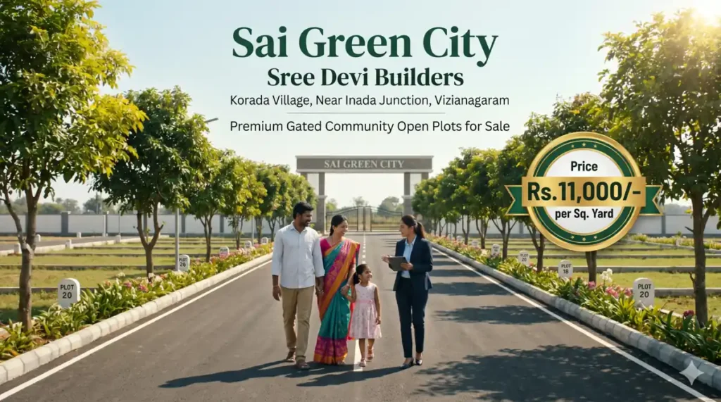 Happy family with sales manager visiting Sai Green City gated community open plots in Korada Village near Inada Junction Vizianagaram