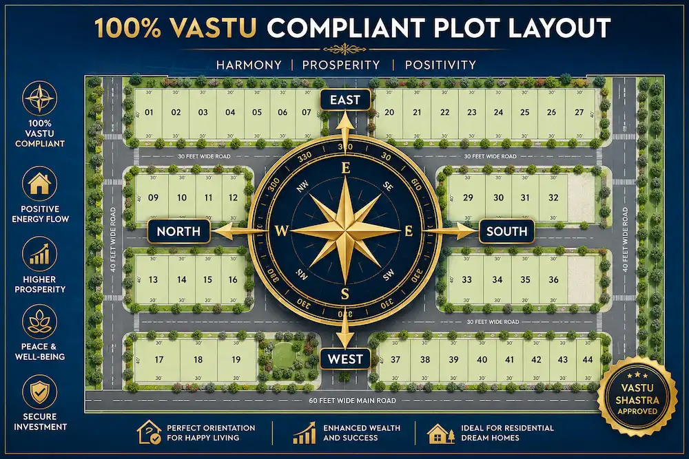 100% Vastu compliant plots in Bhogapuram layout showing directions to airport and highways