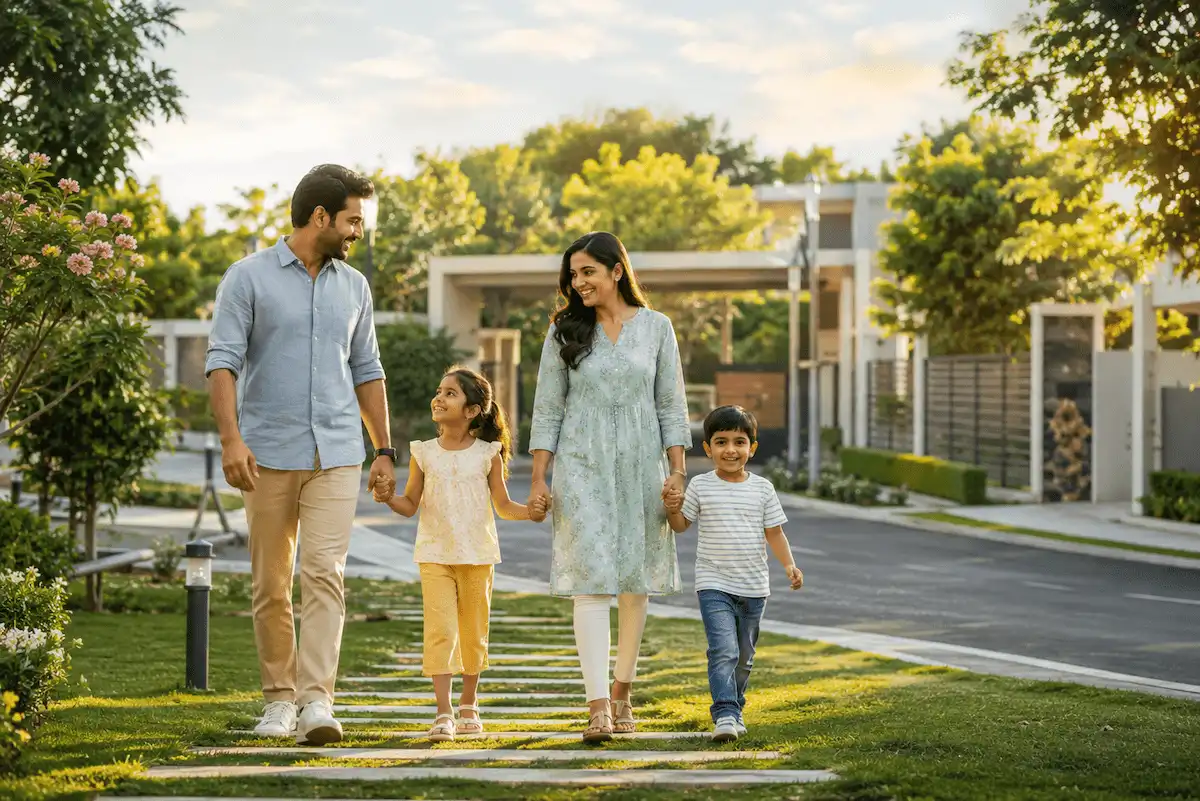 Happy family living in plots in Bhogapuram gated community
