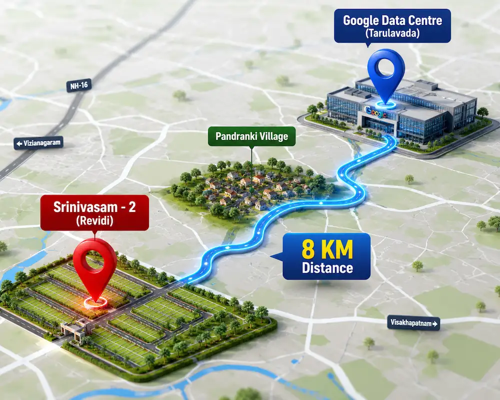 Map showing 8 KM distance from Srinivasam-2 to Tarulavada Google Data Centre via Pandranki Village