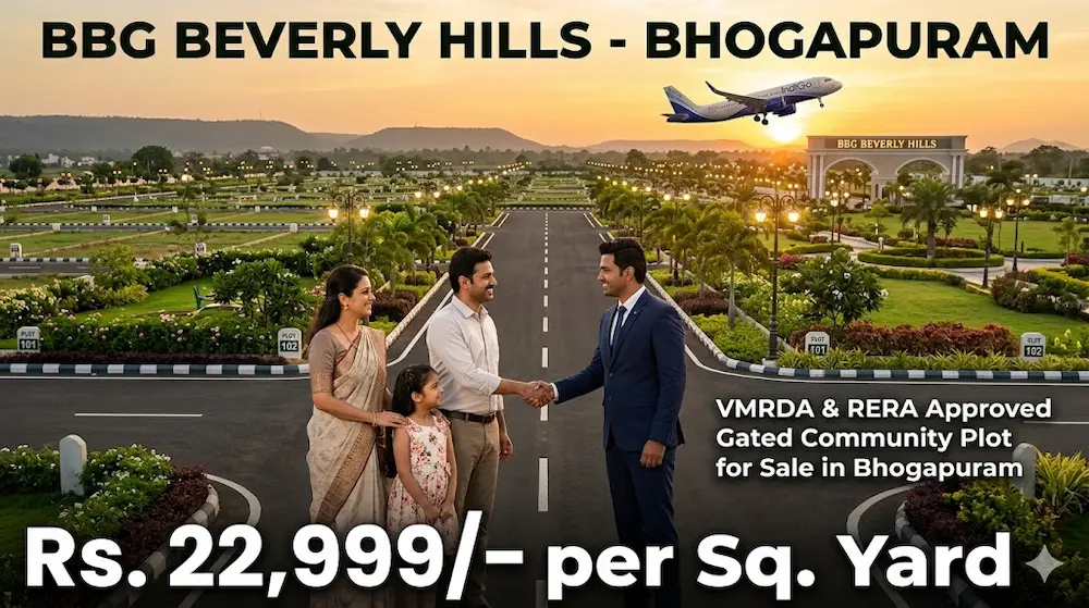 Happy family and sales manager at BBG Beverly Hills layout, showcasing a premium plots for sale in Bhogapuram near the upcoming international airport.
