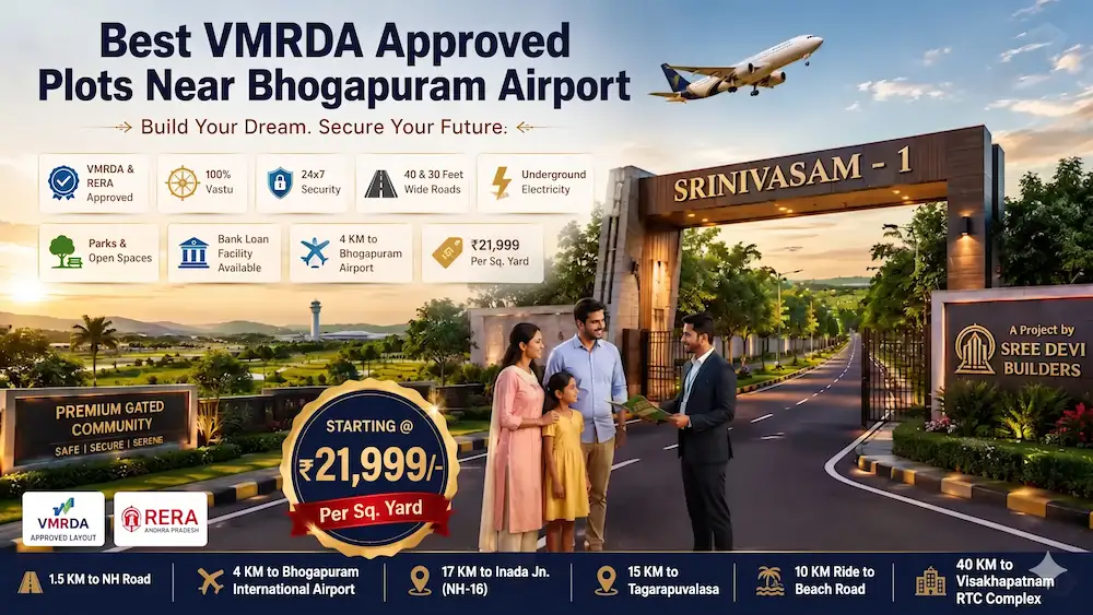Best VMRDA Approved Plots Near Bhogapuram Airport A family viewing a real estate brochure in front of the Srinivasam-1 premium gated community entrance, which offers VMRDA approved plots near the upcoming Bhogapuram International Airport in Visakhapatnam.