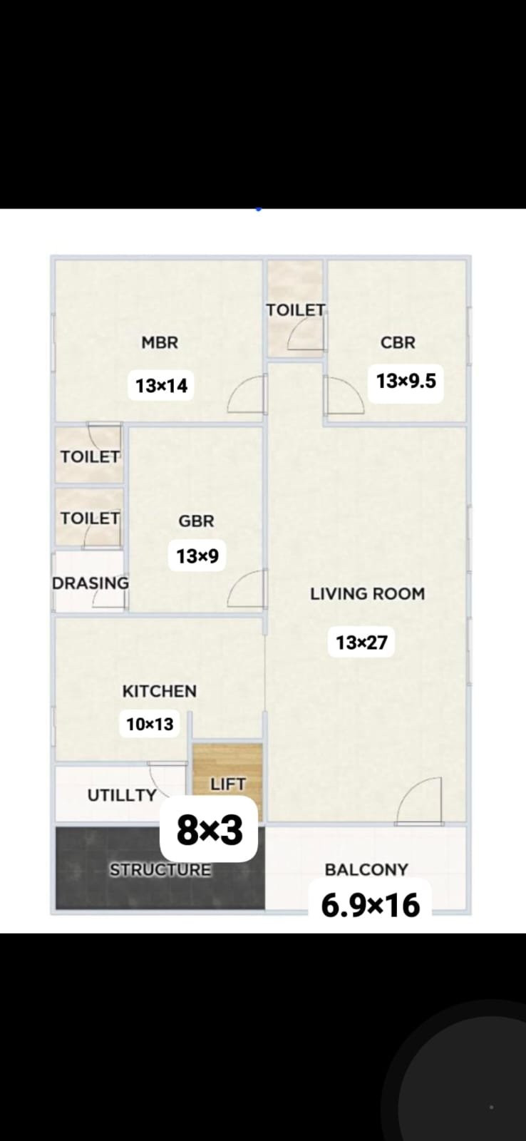 3BHK flat floor plan showing bedroom, living room and kitchen sizes at Happy Family Residence Pendurthi